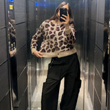 Poshoot Leopard Print Knitted Cardigan Women's O Neck Single Breasted Printed Sweater Warm Streetwear Office Lady Knitted Jacket