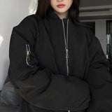 Poshoot Streetwear Oversized Bomber Jacket Women Autumn Zippers Loose Black Coats Woman Harajuku Fashion Varsity Couple Outerwear