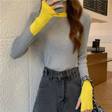 Poshoot Fashion Mixed Color Knitted Sweater Women 2023 Patchwork Round Neck Slim Fit Pullover Woman High Elastic Ladies Jumper