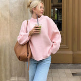 Poshoot Pink Sweet Pullover Sweater For Women Round Neck Solid Color Loose Knitted Top Long Sleeve Female 2024 Autumn Fashion