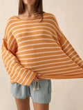 Poshoot 2024 Autumn Women Oversized Striped Sweater Long Sleeve Crewneck Drop Shoulder Knit Pullover Tops Loose Fit Preppy Clothes