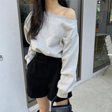 Poshoot 2024 Chic Irregular Off Shoulder Hoodies Women Korean Fashion Solid Color Crop Tops Woman Long Sleeve Streetwear Pullover Mujer