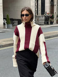 Poshoot Women Contrasting Vertical Stripes Knitted Sweater Elegant Turtleneck Long Sleeve Pullover Autumn Winter Lady Street Jumpers