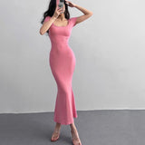 Poshoot 2024 Summer Solid Color Slim Long Dress Women Short Sleeve Skinny Bodycon Maxi Dresses Woman Square Collar Party Vestidos Mujer