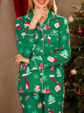 Poshoot Women 2 Piece Pajama Set Christmas Elements Pattern Print Long Sleeve Lapel Button Up Shirt Elastic Pants Sleepwear Lounge Sets