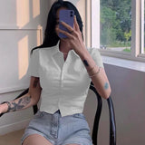 Poshoot Korean Slim Fit White Shirt Women Summer Y2K Short Sleeve Crop Top Blouses Woman Preppy Style Button Up Basic T Shirts