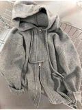 Poshoot Cardigan Jacket with Hooded Casual Loose Vintage Y2k Tops Gray Knitted Coats Gray Zipper Sweater Women Autumn Long Sleeve