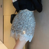 Poshoot Sexy Silver Sequin Skirt Woman Lace Patchwork High Waist Mini Skirts for Women Shiny Party Night Club Dance Skirt Ladies