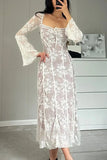 Poshoot Christmas Thanksgiving Gifts  Lace-Up Square Neck Printed Long Sleeve Maxi Dress