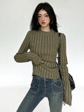 Poshoot Vintage Green Crop Sweater Women Fairy Grunge Striped Pullover Casual Slim Knitted Jumper Harajuku Fashion Sueter Mujer