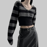 Poshoot-Gothic Stripe Buttons Up Knit Crop Top