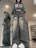 Poshoot Y2k Low Waist Cargo Jeans Women Vintage High Street Baggy Denim Pants with Pockets Female Wide Grunge Baddie Streetwaer