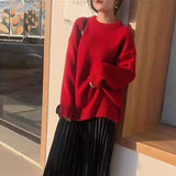 Poshoot Autumn Winter Red Sweater Women Round Neck Loose Knitted Jumpers Woman Christmas Style Long Sleeve Chic Sweaters Female