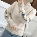 Poshoot Autumn Winter Embroidery Sweater Women Fashion Half High Collar Long Sleeve Knit Jumper Woman 2024 Korean Loose Pullover Female