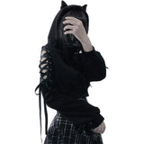 Poshoot Y2k Gothic Womens Hoodie Cat Ear Crop Top Hooded Sweatshirt Hollow Out Lace Up Long Sleeve Hodded Casual Pullover Autumn