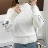 Poshoot Autumn Winter Embroidery Sweater Women Fashion Half High Collar Long Sleeve Knit Jumper Woman 2024 Korean Loose Pullover Female