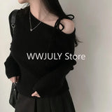 Poshoot New Sweater Women Clothing Irregular Skew Collar Long Sleeve Chic Pull Femme Korean Bandage Jumper Casual Knitted Pullovers