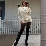 Poshoot White Shorts 2 Piece Set Women's O Neck Long Sleeve Button Up Jacket High Waist Slim Pants Set Elegant Party Club Outfit