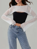 Poshoot Women Hollow Out Shrug Sweater Y2k Long Sleeve Knitted Crop Pullover Tops Loose Casual Bikini Cover-ups Fall Outfits