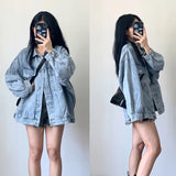 Poshoot Korean Style Denim Jacket Women 2024 Autumn New Long Sleeve Blue Coats Woman Retro Turn Down Collar Loose Jean Jacket Female