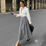 Poshoot High Waist Pleated Skirt Women's Solid Commuting Casual Slim A-Pulse Skirt Loose Patchwork Streetwear Party Long Skirt