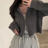 Poshoot Zipper Up Korean Knitted Cardigan Women Autumn Winter Cropped Turtleneck Sweater Woman Chic Long Sleeve Twist Cardigans Female