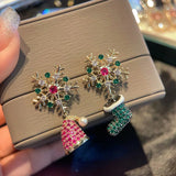 Poshoot Asymmetrical Colorful Rhinestone Snowflake Hat Boot Earrings for Women Luxury Crystal Christmas Tree Drop Earrings Party Jewelry