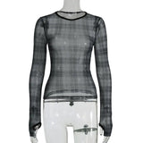 Poshoot Black See Through Plaid Graphic Print T Shirts Women Y2k Mesh Crop Top Long Sleeve Tees Female Aesthetic Feminist Shirt