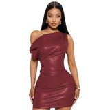 Talenza Off Shoulder PU Leather Dress Women Sexy Solid Tight Pleated Short Dress Party Club Sleeveless Leather Dress Vestidos