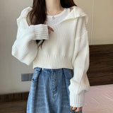 Poshoot Long Sleeve Cropped Sweater Women Autumn Winter Turn Down Collar Knitted Jumper Woman Korean Style Solid Color Jerseys