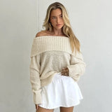 Poshoot One Shoulder Knitted Sweater Women's Sexy Slim Long Sleeve Solid Pullover Top Loose Casual Chic Autumn Street Sweater