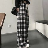 Poshoot Harajuku Black White Plaid Pants Women 2024 Oversized Wide Leg Trousers Female Korean Style High Waist Checkered Pants Female