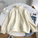 Poshoot Warm Thicken Zipper Stand Collar Hoodie Women Casual Long Sleeve Pullover Tops Woman Solid Color Loose Plush Sweatshirt