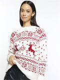 Poshoot Women's Christmas Sweaters Classic Reindeer Snowflake Print Long Sleeve Round Neck Knit Jumper Tops New Year Red Knitwear Coat