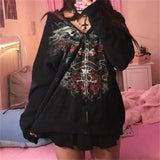 Poshoot Fairy Grunge Skull Print Long Sleeve Hooded Tops y2k Aesthetic Hoodie Oversize Clothes Streetwear Gothic Sweatshirt Women