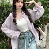 Poshoot Cute Candy Colors Loose Blouse Women 2025 Summer Single Breasted Sunscreen Shirt Woman Korean Simple Loose Sun Protection Shirts