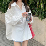 Poshoot Korean Oversized White Shirt Women All Match Long Sleeve Loose Basic Blouse Woman Spring Summer Turn Down Collar Blusas Mujer