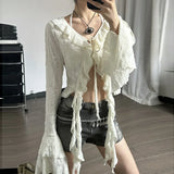 Poshoot Butterfly Sleeve Tassel Long Sleeve Ruffles High Waist Crop Top Tshirt Hollow Out Summer Fashioon Y2K Casual Clothes