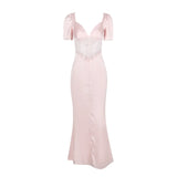 Poshoot-Suninheart Wedding Guest Dresses Women 2023 Autumn Pink Elegant Short Sleeve Lace Party Dresses Long Maxi Formal Occasion Dress