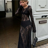 Poshoot Sexy See-through Lace Floral Maxi Dress Women's Black Long Sleeve O Neck Loose Resort Dress High Waist Party Dress Robe