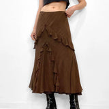 Poshoot-Vintage Asymmetrical Brown Boho Long Skirt