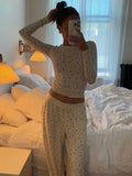 Poshoot Women Y2K 2 Pieces Pajama Set Long Sleeve Crop Tops + Elastic Wide Leg Pants for Loungewear Aesthetic Soft Sleepwear