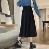 Poshoot Autumn Winter Woolen A Line Skirt Women Back Elastic High Waisted Pleated Skirts Woman Korean College Style Midi Skirt