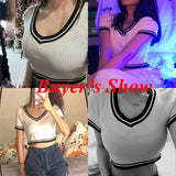 Poshoot Summer New V Neck Crop Tops Women 2024 Slim Fit Short Sleeve T Shirts Woman Patchwork Streetwear Cropped Tshirt Ladies