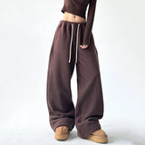 Poshoot Faux Lambswool Warm Wide-Leg Pants Women 2024 Chic Drawstring Waist Winter Joggers Woman Solid Color Loose Sweatpants Female