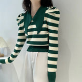 Poshoot Green Puff Sleeve Stripe Sweaters Women 2024 Korean Lapels Cropped Sweater Woman Spring Autumn Long Sleeved Knit Pullover