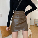 Poshoot Pleated Pu Leather Short Skirts Women Spring Summer High Waist Irregular Skirt Woman Zipper Up Streetwear Skirts Mujer