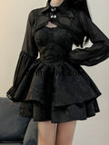 Poshoot Summer Black Gothic Lolita Short Party Suits Women Long Sleeve Coat + Pure Color Mini Dress Fashion High Waist Outfits Chic