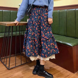 Poshoot Vintage Lace Printed Skirt for Women Korean Elastic High Waist Long Skirts Woman Ruffle Pleated A Line Skirts Female