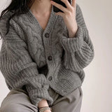 Poshoot Korean Single Breasted Twisted Cardigan Women 2024 Lazy Style Loose Sweater Jacket Woman Solid Color V Neck Cardigan Coat